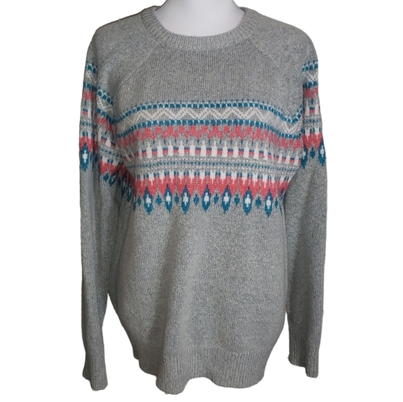 Fair Isle Knit Wool Alpaca Blend Crewneck Sweater Size XL Gray Pink Blue Preppy - Picture 1 of 11